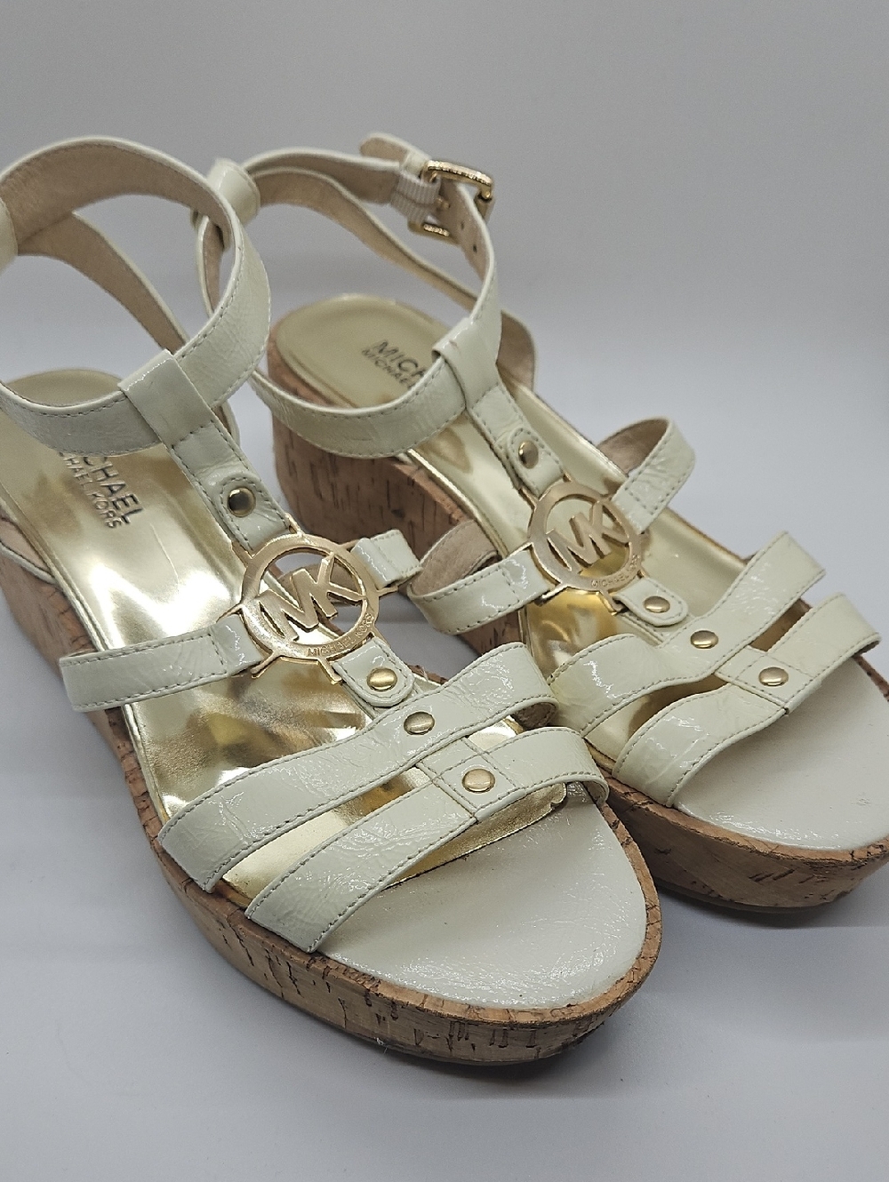 Michael Kors Cream Patent Leather Cork Wedge Sandals with Gold MK Hardware